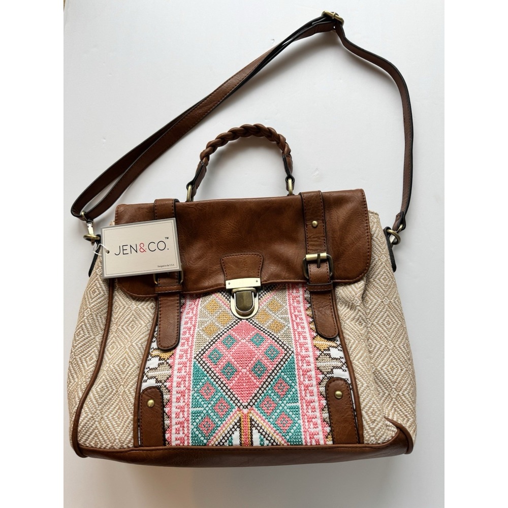 Jen & Co. Southwestern Embroidered Satchel Crossbody Bag Brown Vegan Leather NWT